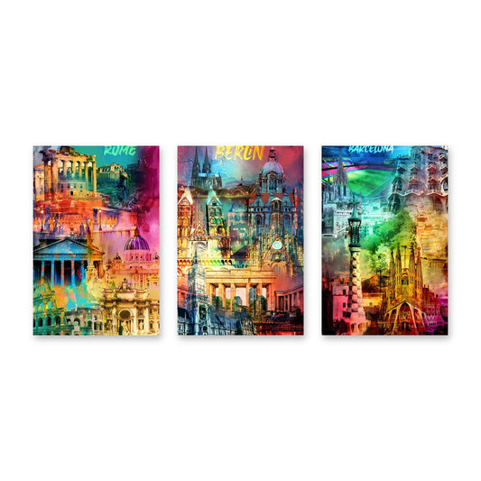 Set di 3 quadri Città europee Pop Art – tre stampe su tela