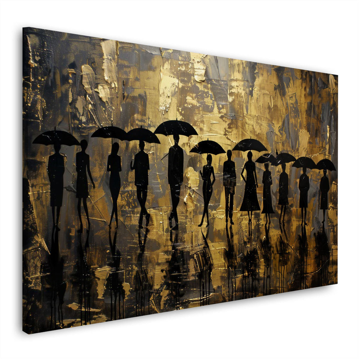 Silhouette con ombrelli su sfondo dorato in stile astratto quadro
