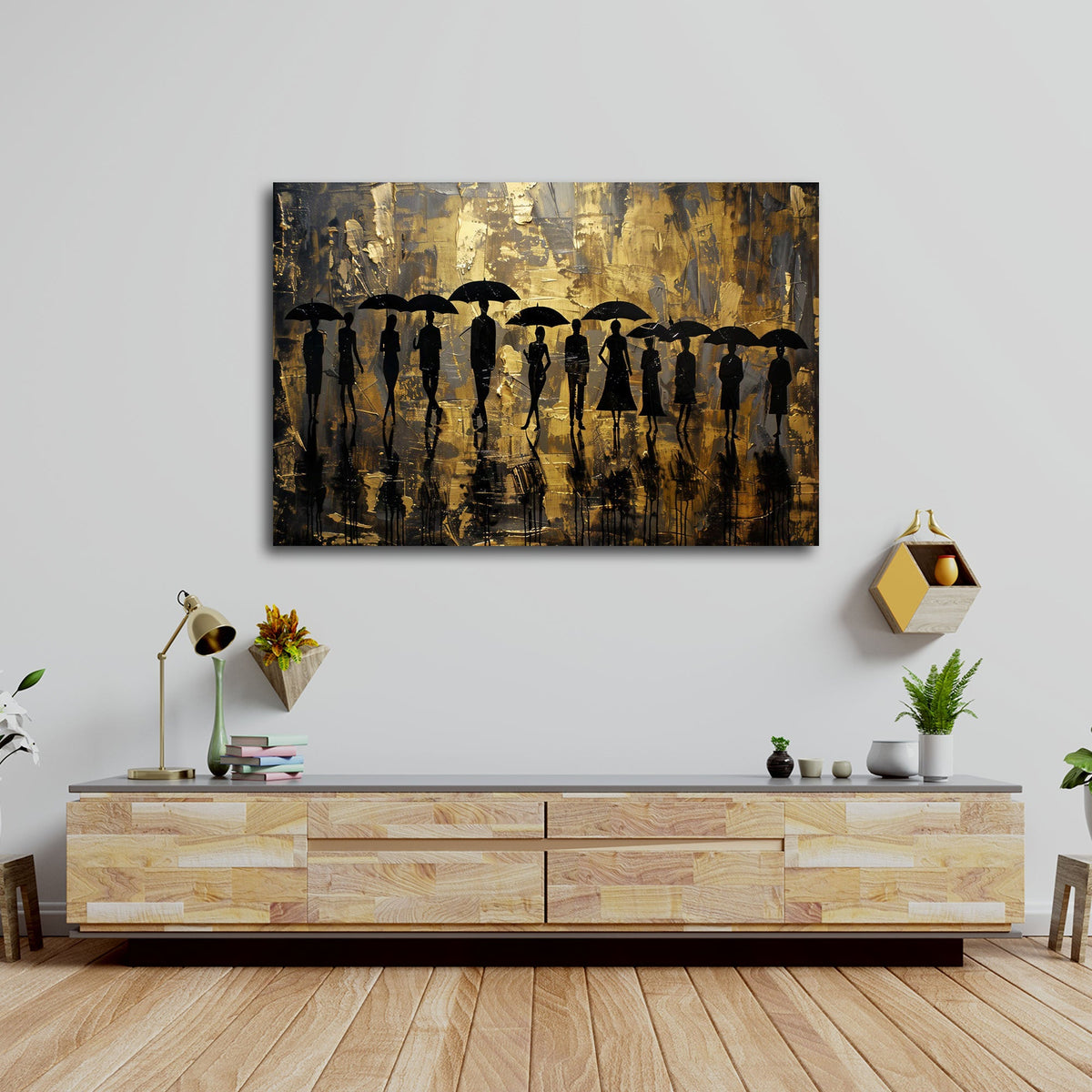 Silhouette con ombrelli su sfondo dorato in stile astratto quadro