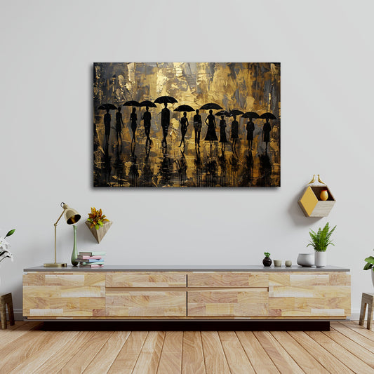 Silhouette con ombrelli su sfondo dorato in stile astratto quadro