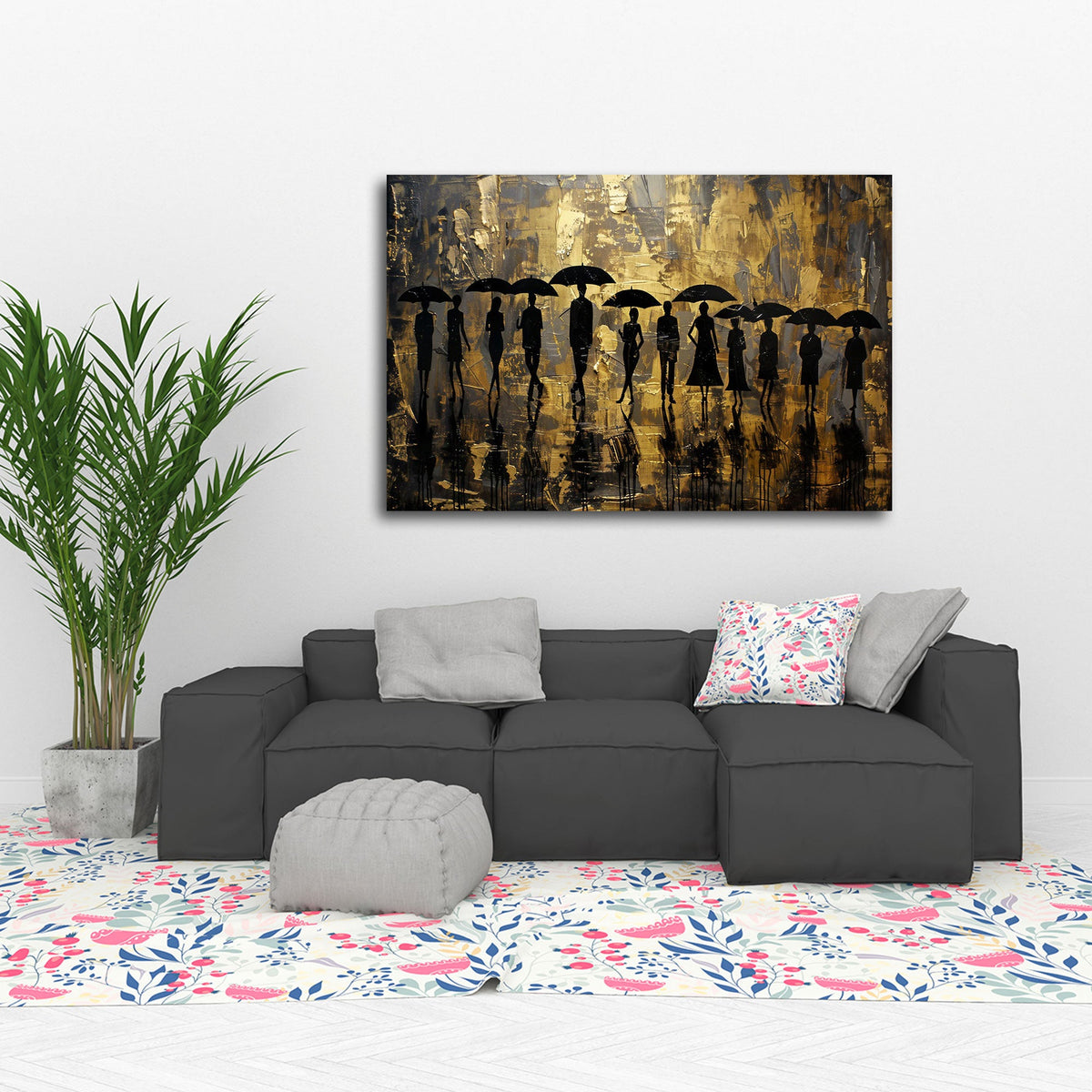 Silhouette con ombrelli su sfondo dorato in stile astratto quadro