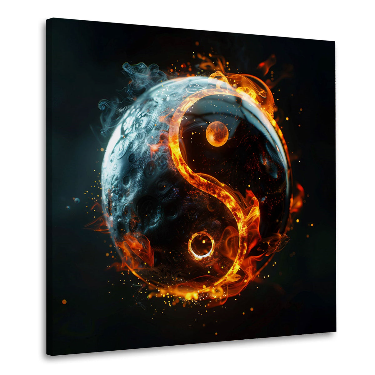 Simbolo Yin Yang con fuoco e luna su sfondo nero quadro