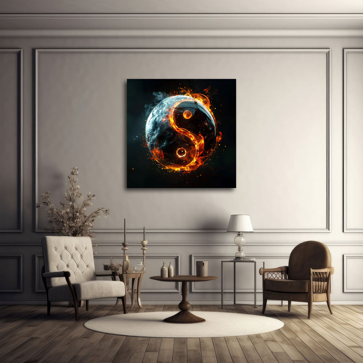Simbolo Yin Yang con fuoco e luna su sfondo nero quadro