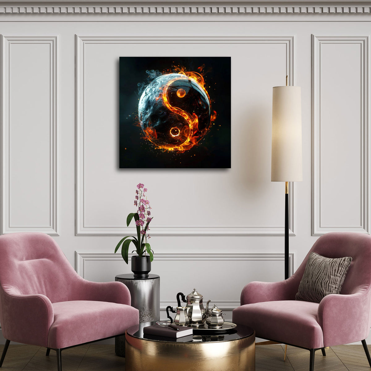 Simbolo Yin Yang con fuoco e luna su sfondo nero quadro