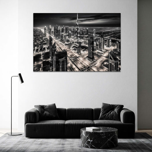 Skyline del Burj Khalifa a Dubai in bianco e nero di notte quadro
