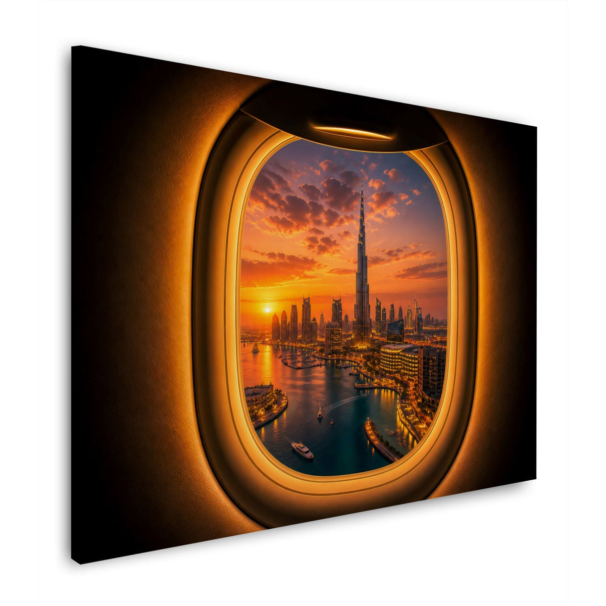 Skyline di Dubai vista dal finestrino dell'aereo quadro
