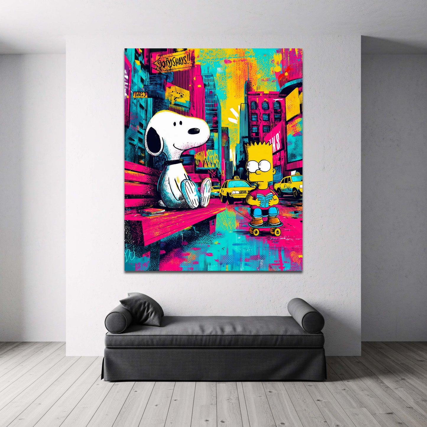 Snoopy e Bart Simpson nella New York pop art graffiti quadro