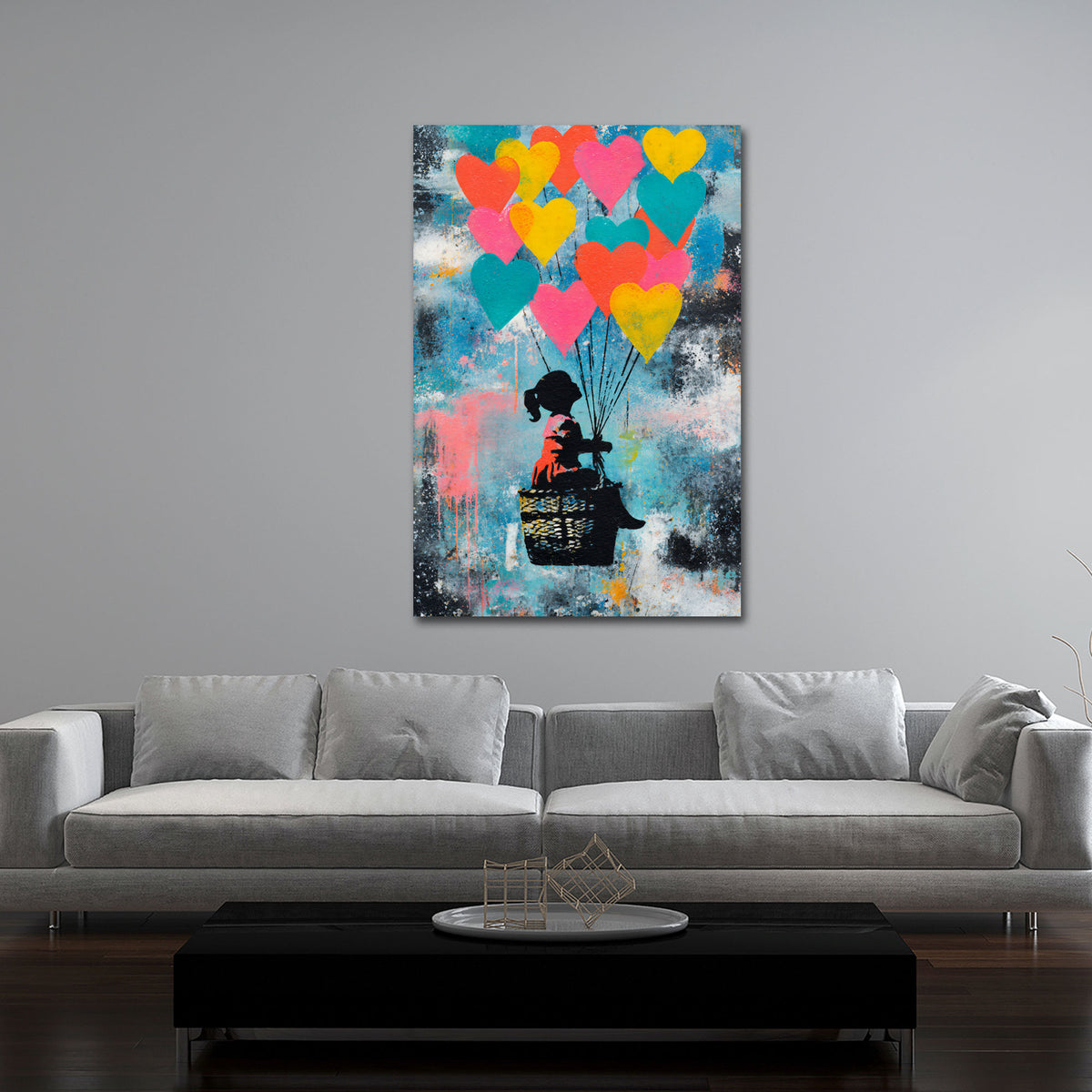Street Art bambina palloncini cuori colorati amore quadro