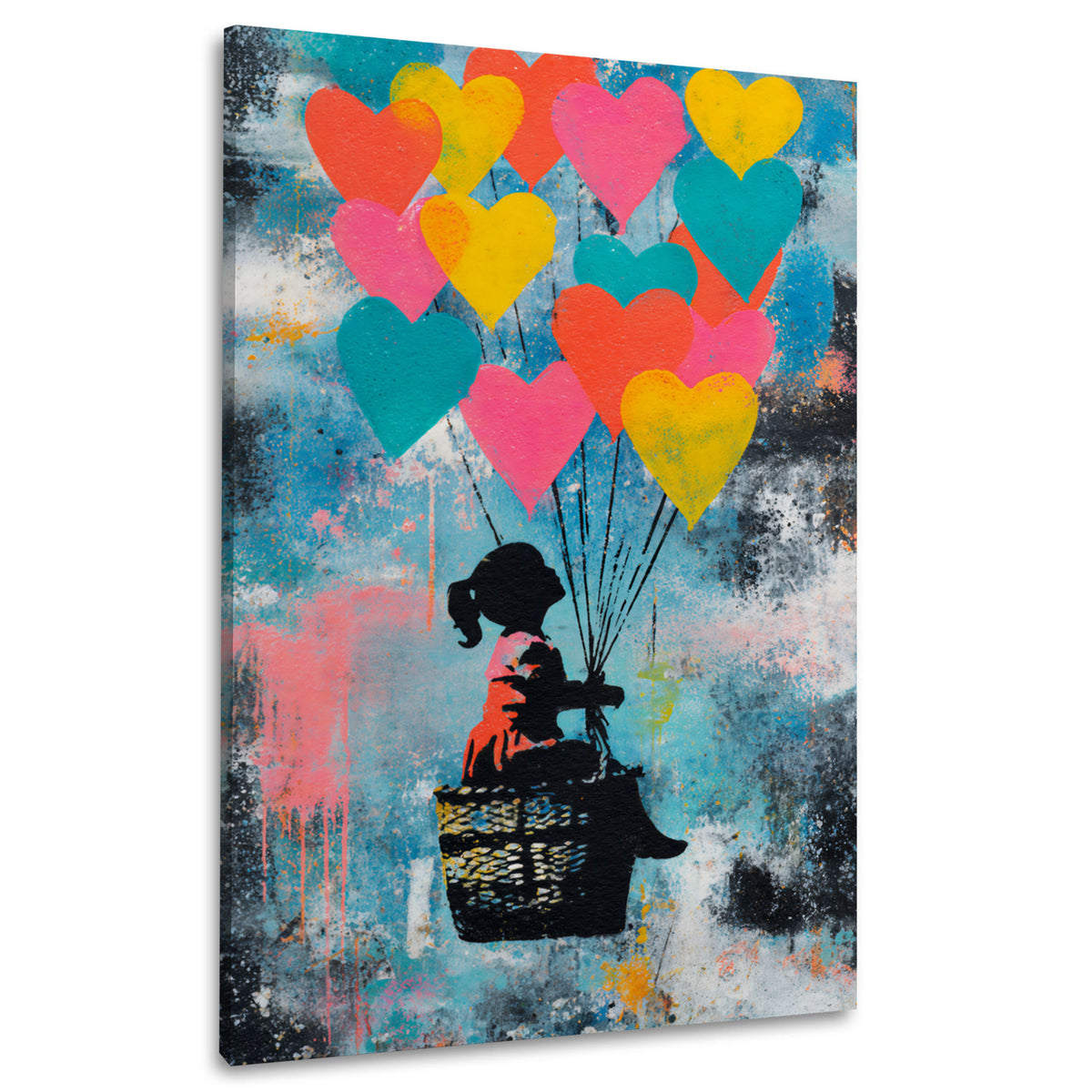 Street Art bambina palloncini cuori colorati amore quadro