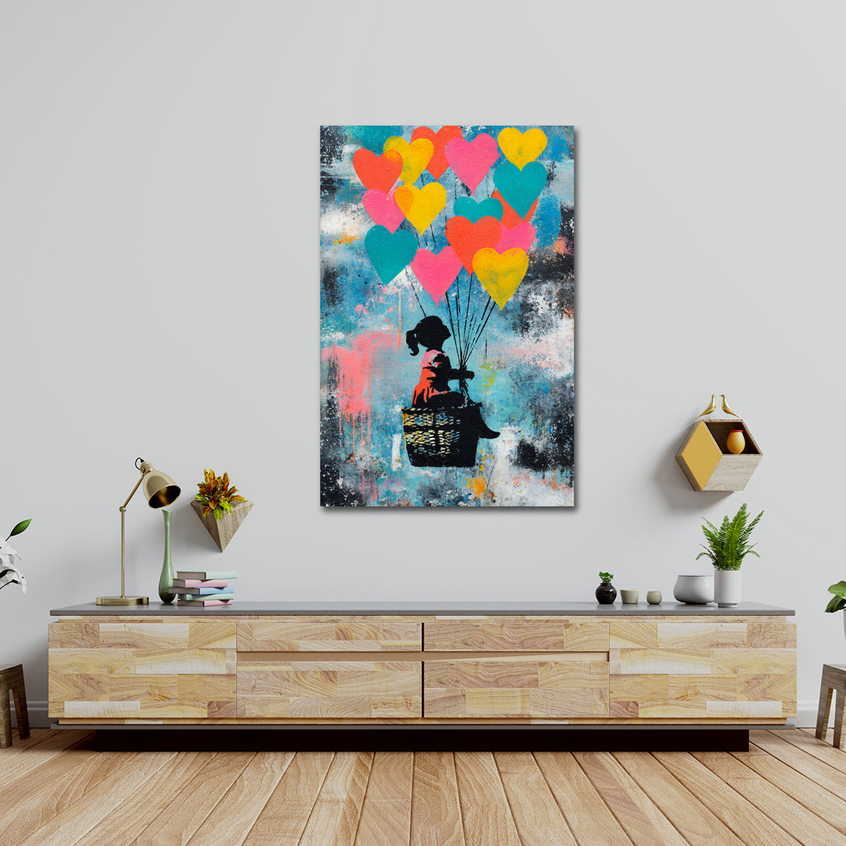 Street Art bambina palloncini cuori colorati amore quadro