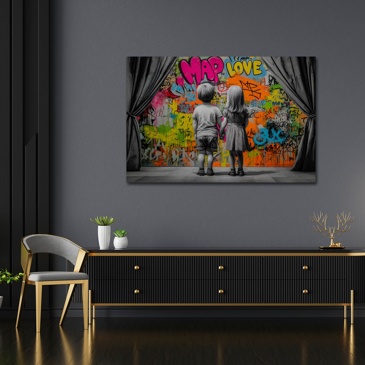Street Art bambini mano nella mano amore graffiti quadro