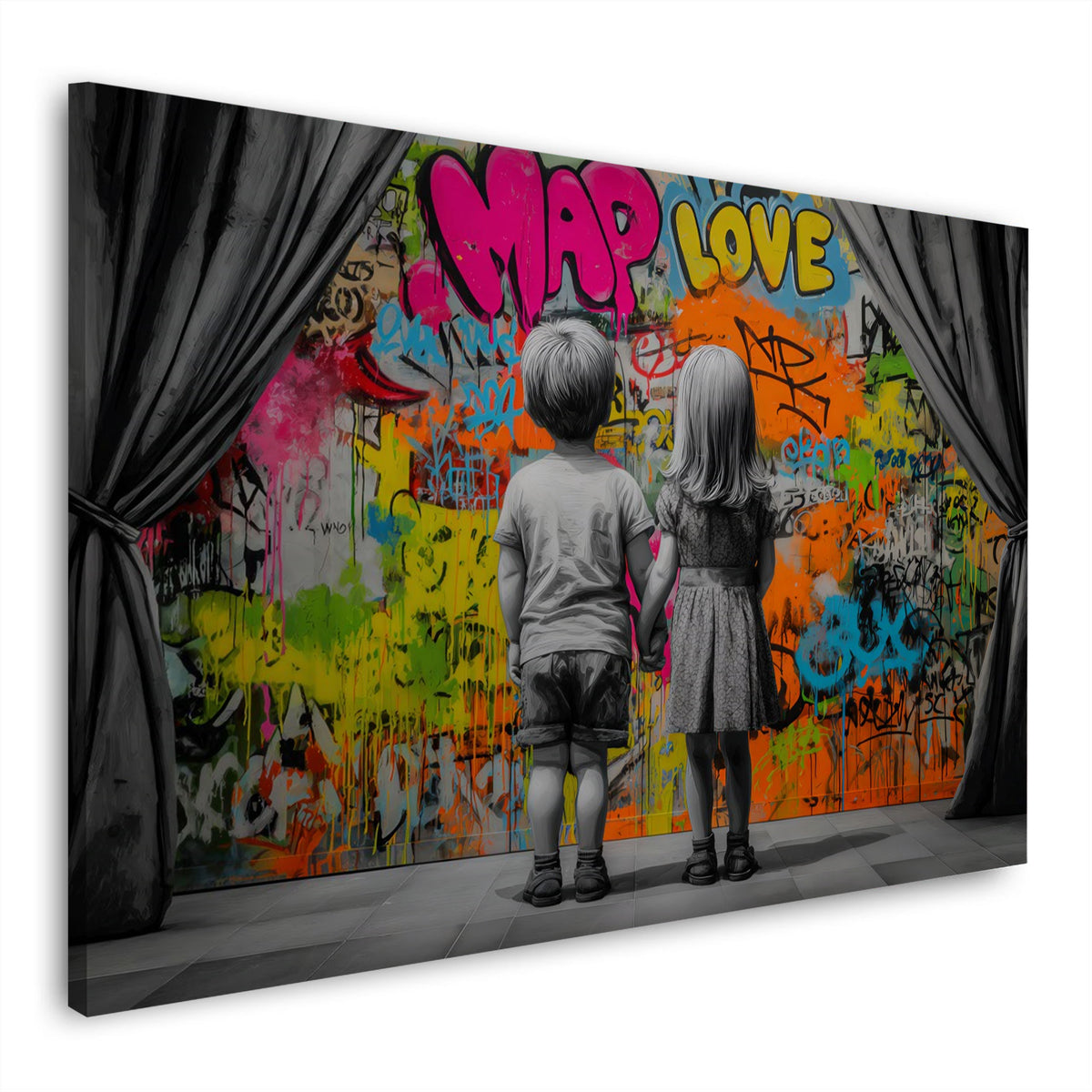 Street Art bambini mano nella mano amore graffiti quadro