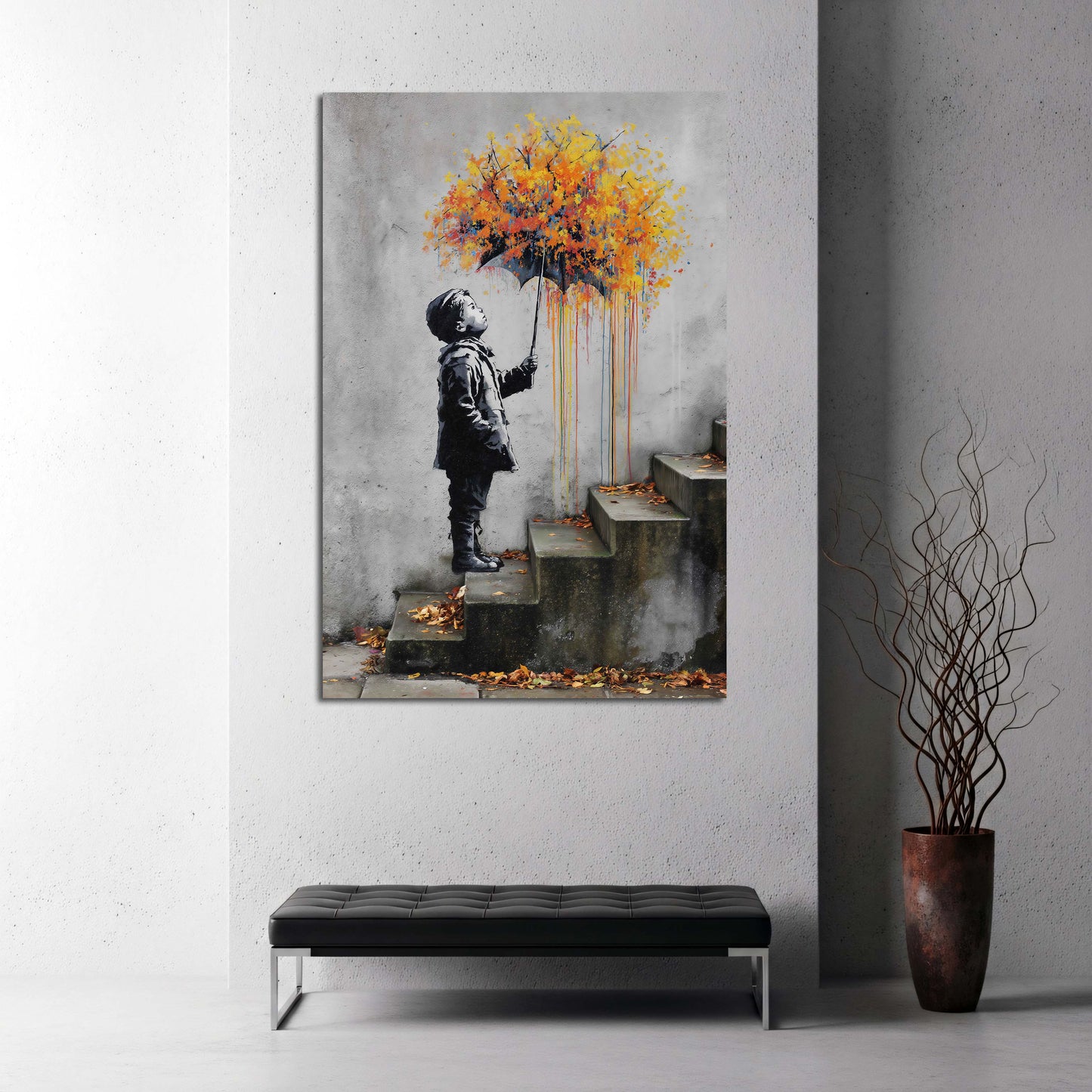 Street art bambino ombrello pioggia di colore quadro