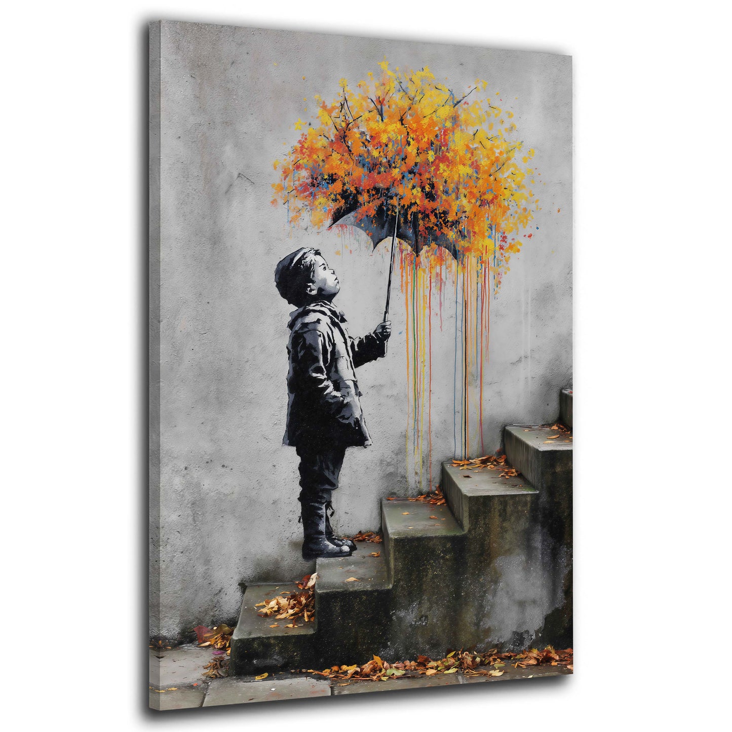 Street art bambino ombrello pioggia di colore quadro