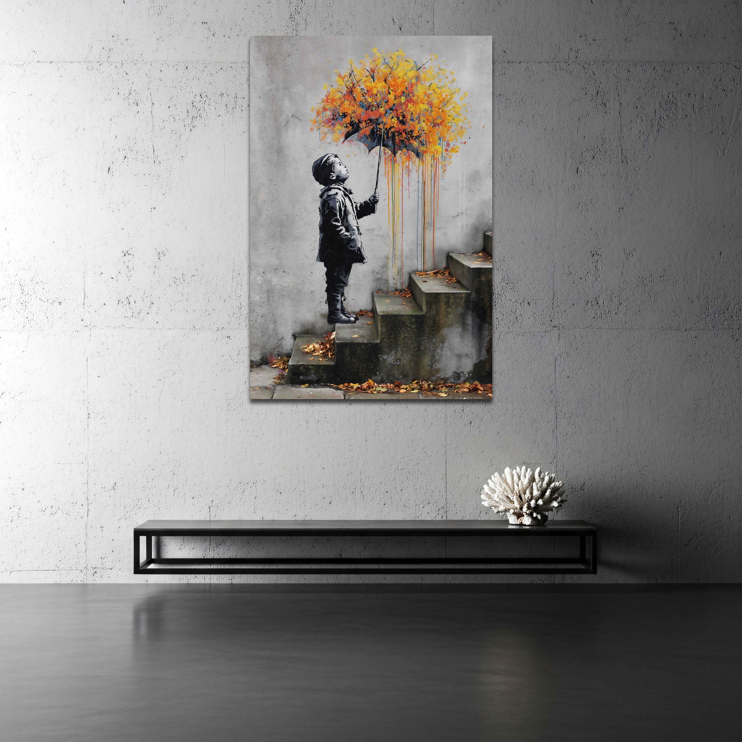 Street art bambino ombrello pioggia di colore quadro