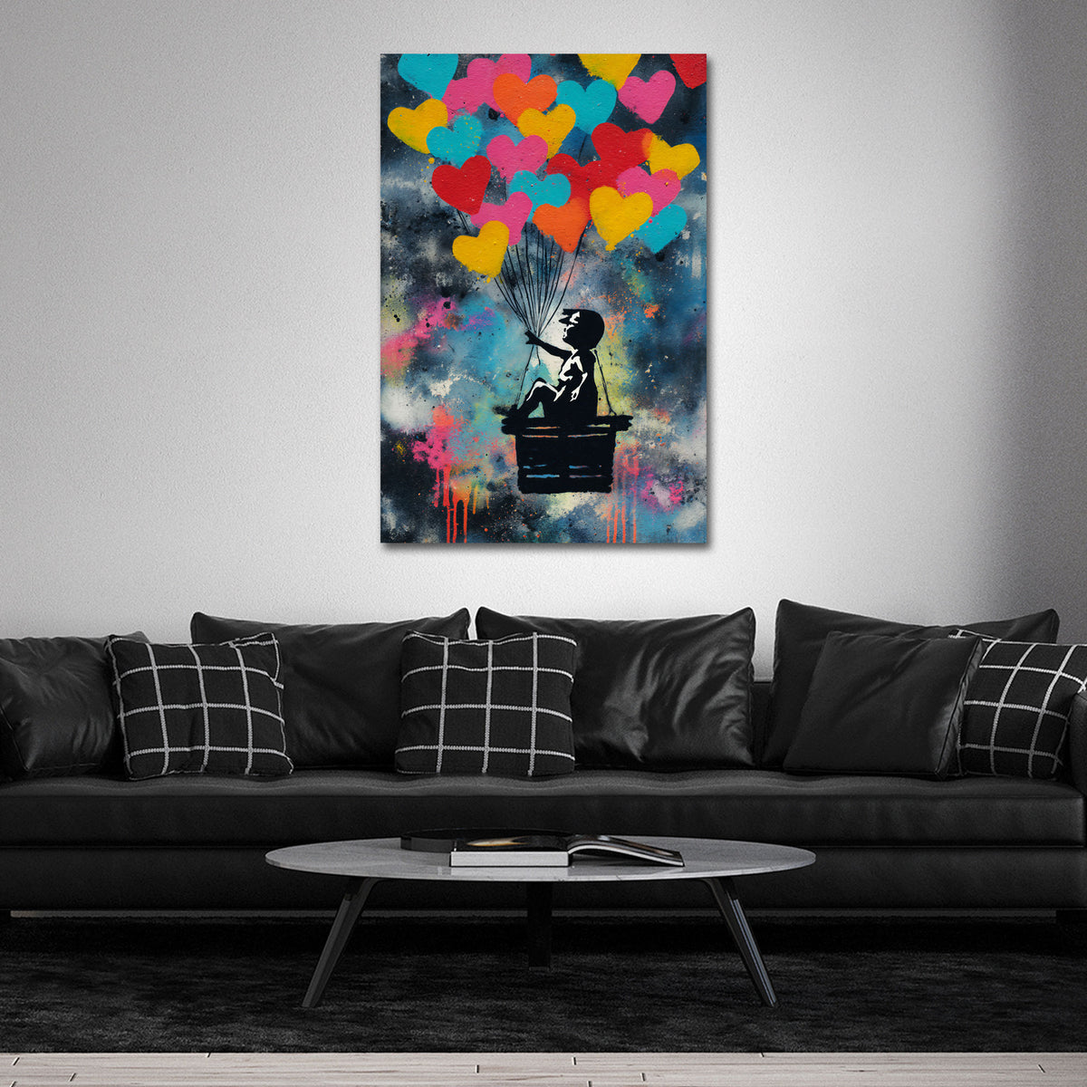 Street Art bambino palloncini cuori colorati amore quadro