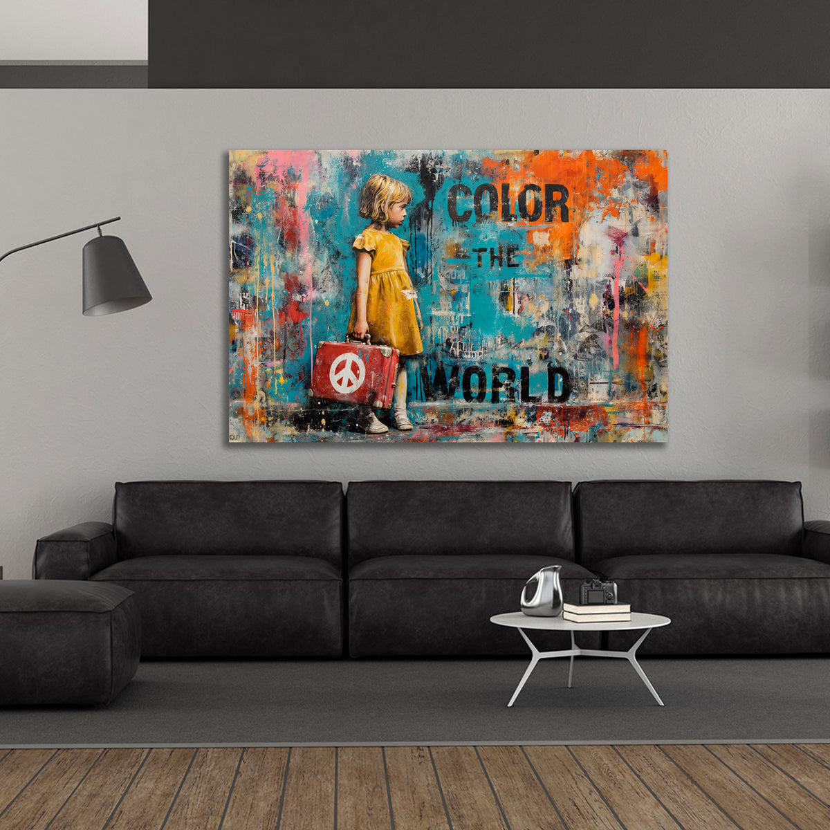Street Art color the world scritta ragazza con valigia pace quadro