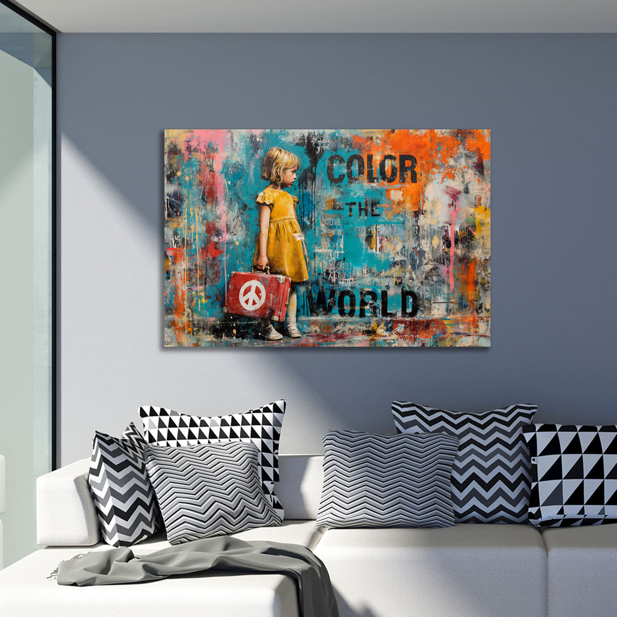 Street Art color the world scritta ragazza con valigia pace quadro