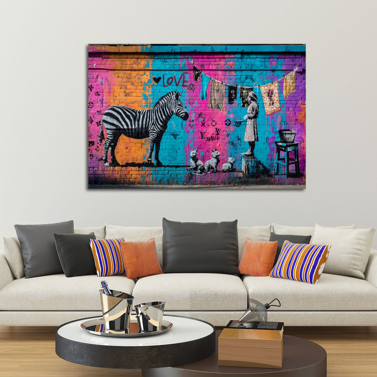 Street Art graffiti zebra bambina cani stendibiancheria amore quadro