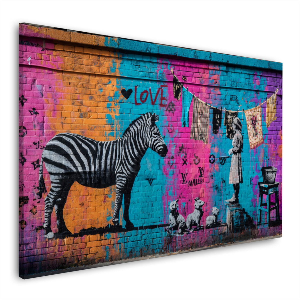 Street Art graffiti zebra bambina cani stendibiancheria amore quadro