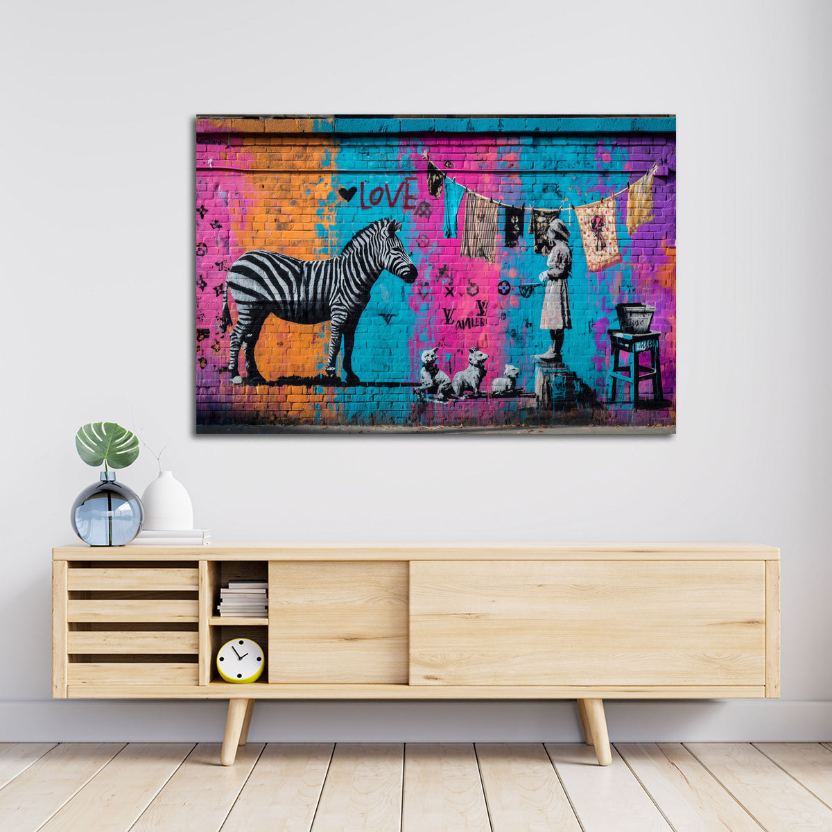 Street Art graffiti zebra bambina cani stendibiancheria amore quadro