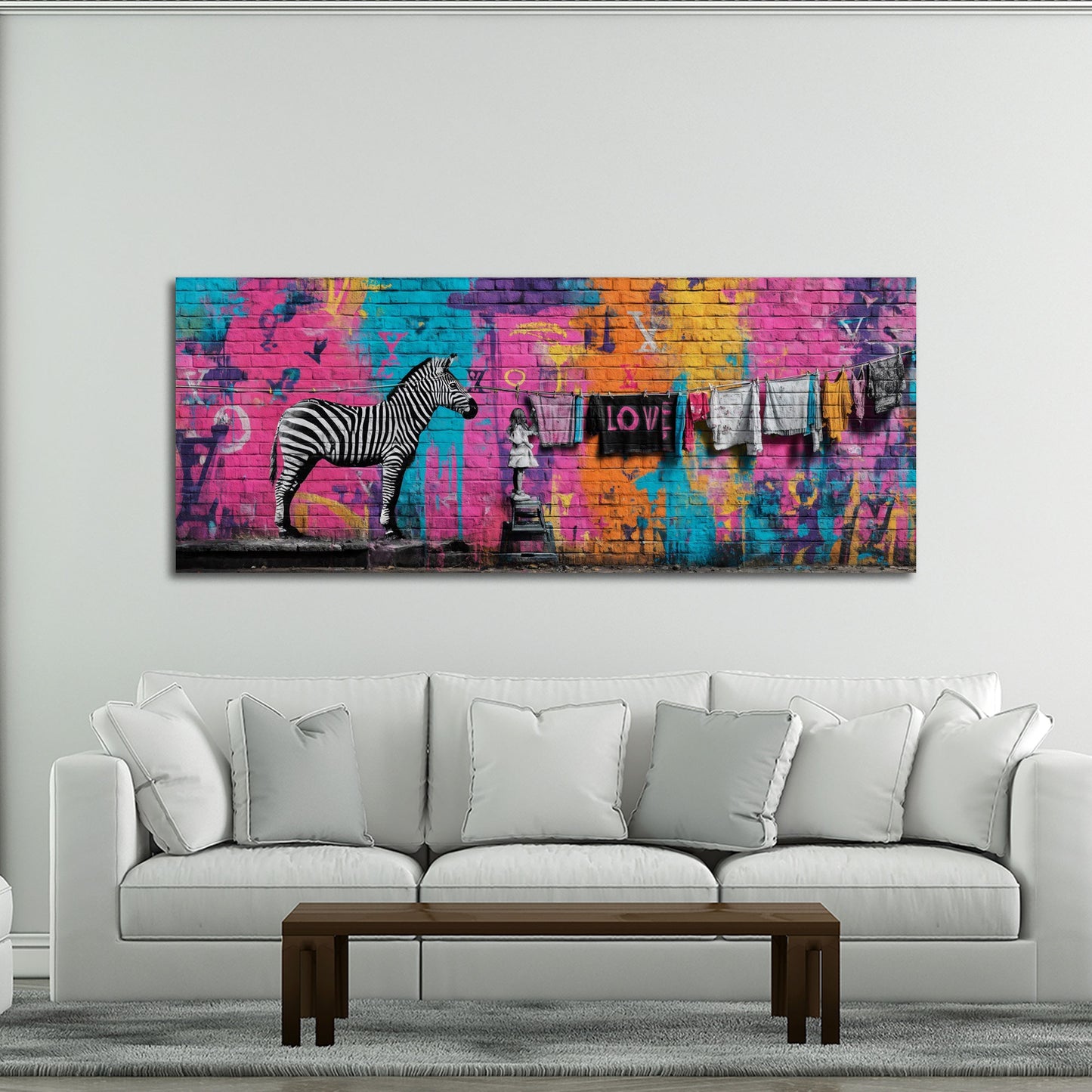 Street Art graffiti zebra bambina stendibiancheria amore quadro