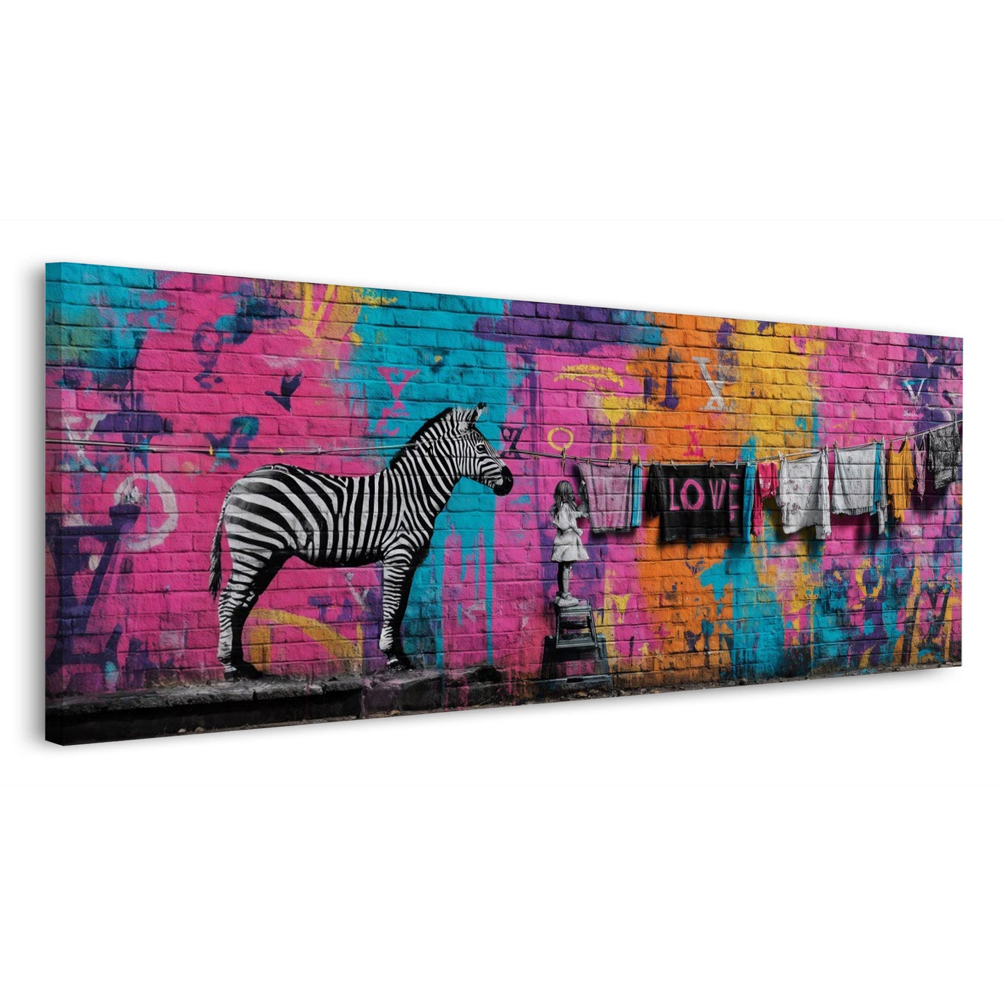 Street Art graffiti zebra bambina stendibiancheria amore quadro
