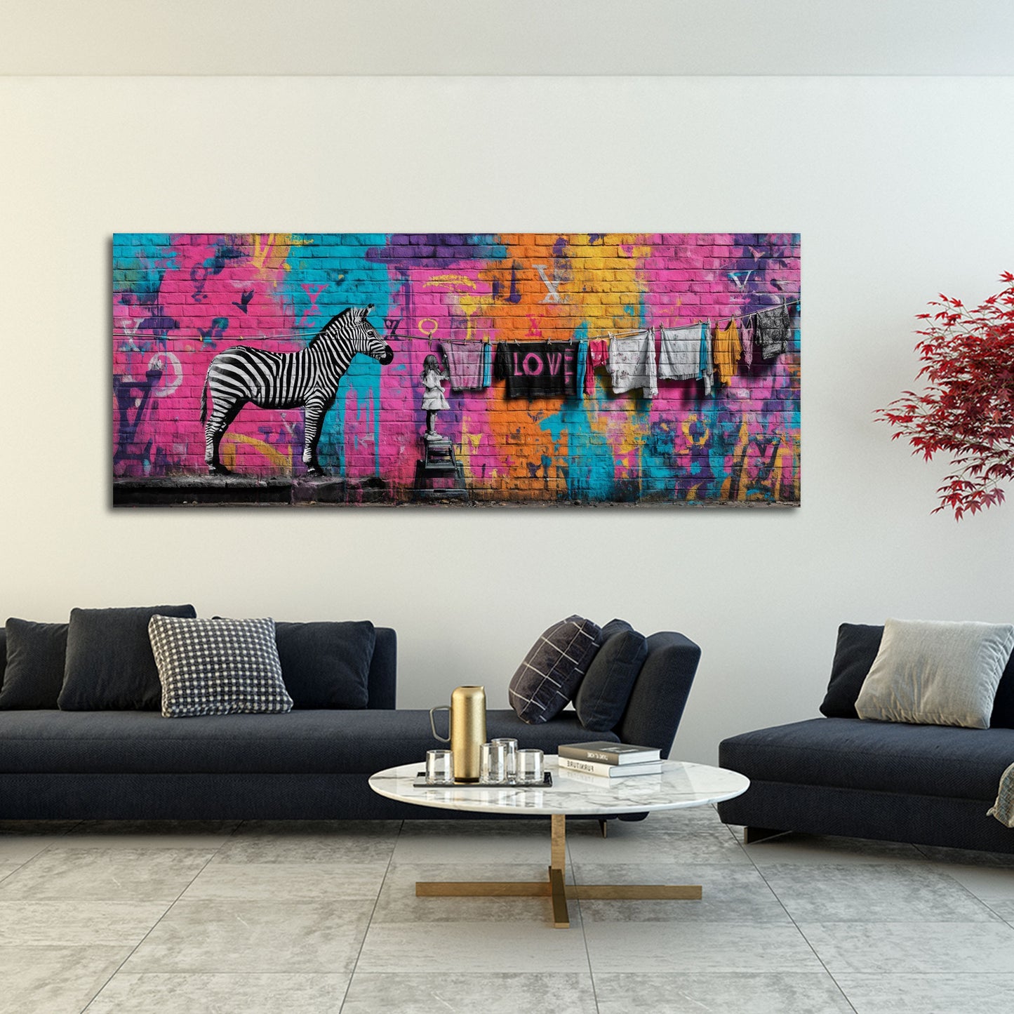 Street Art graffiti zebra bambina stendibiancheria amore quadro