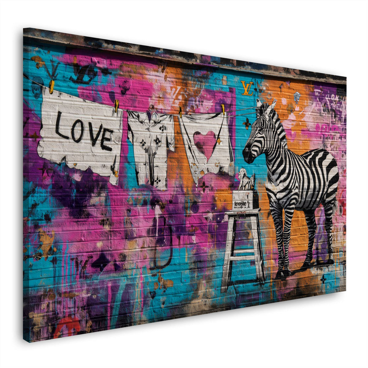 Street Art graffiti zebra scritta love stendibiancheria cuore quadro