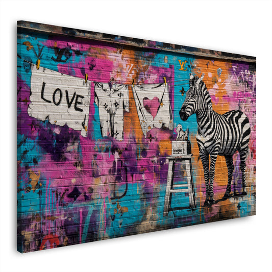 Street Art graffiti zebra scritta love stendibiancheria cuore quadro