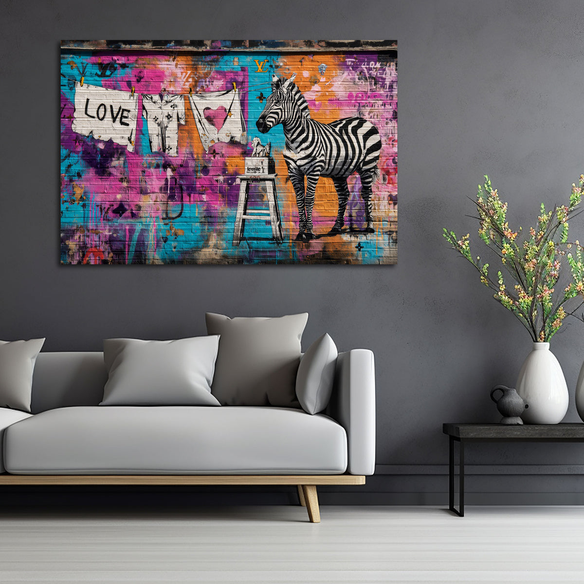 Street Art graffiti zebra scritta love stendibiancheria cuore quadro