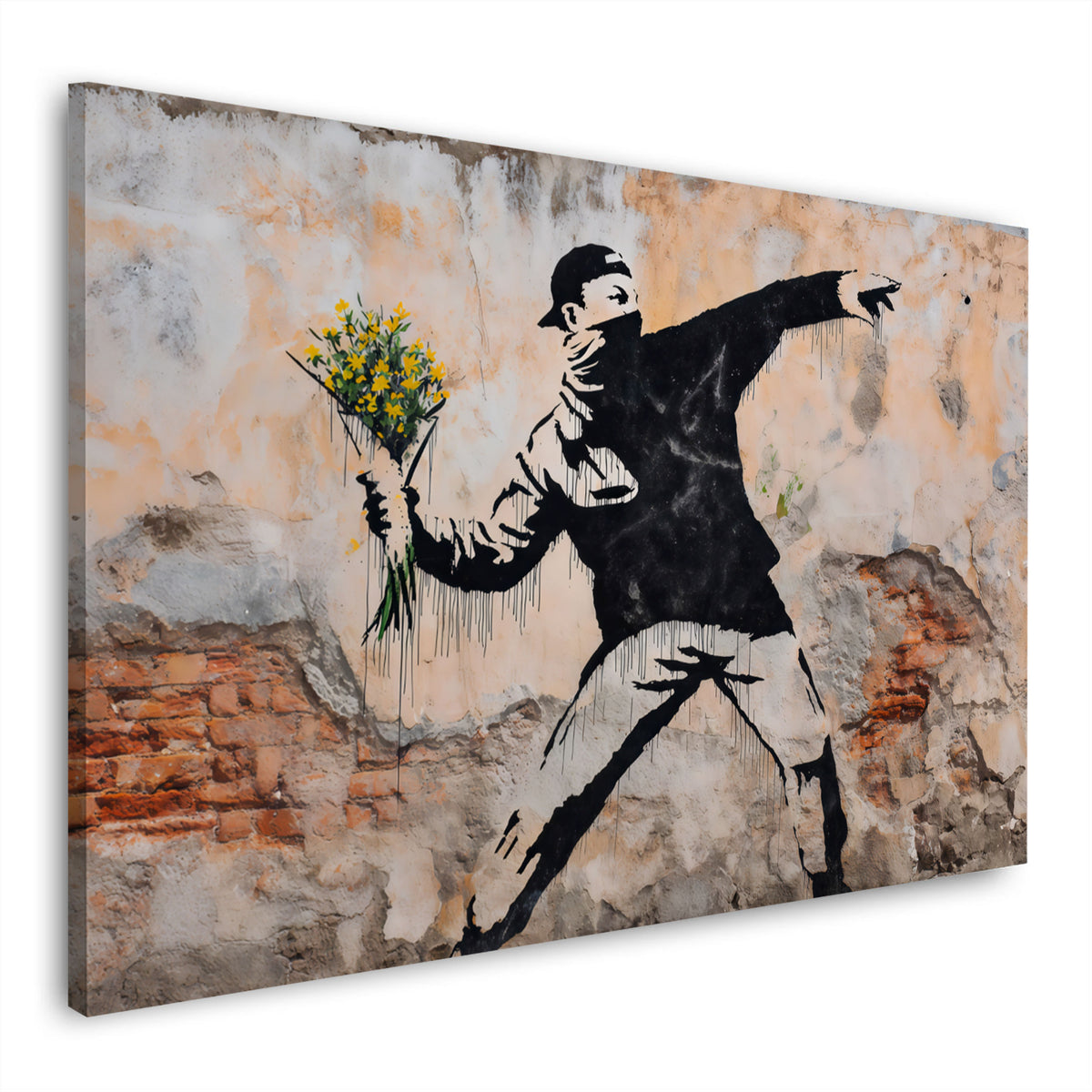 Street Art lanciatore di fiori gialli protesta muro quadro