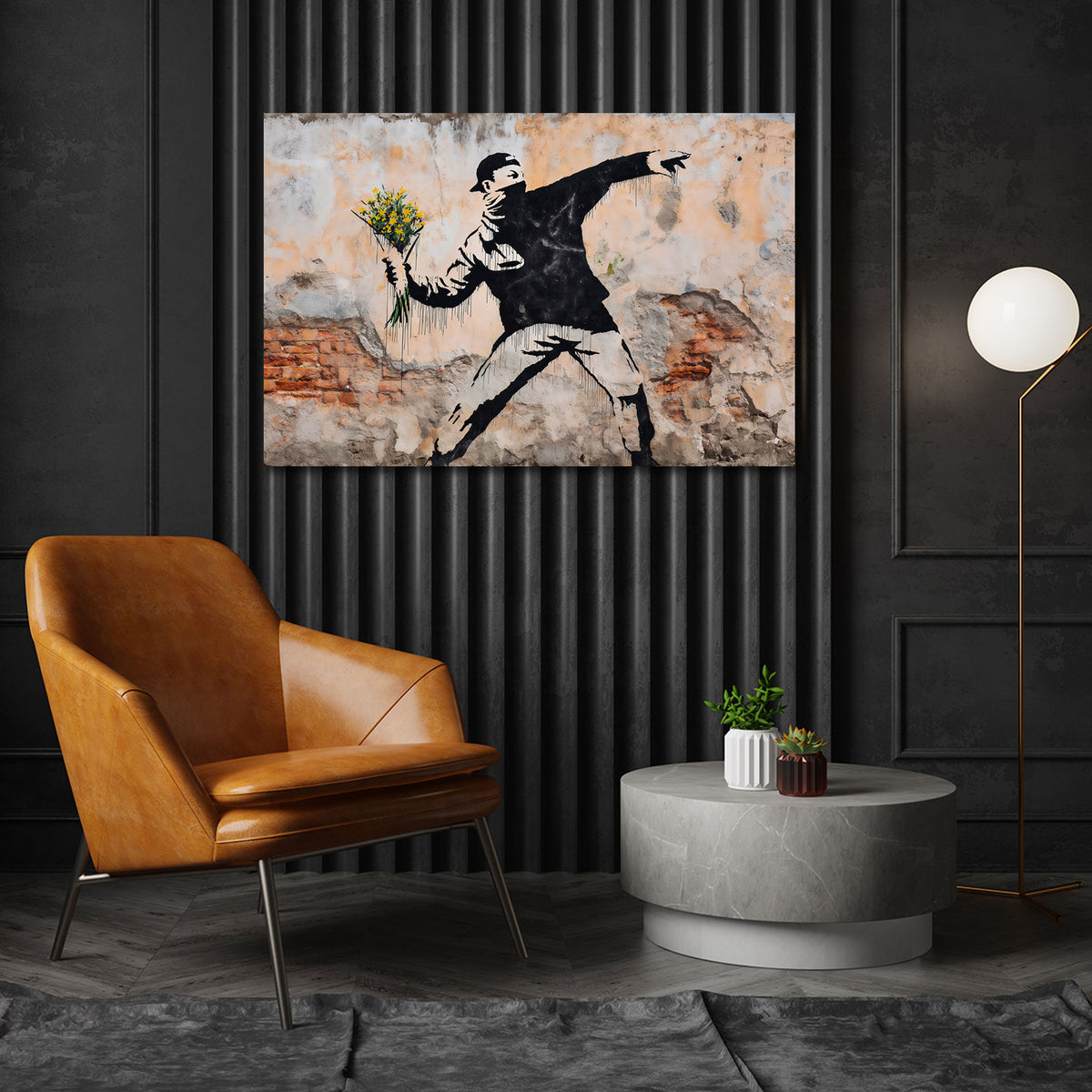Street Art lanciatore di fiori gialli protesta muro quadro