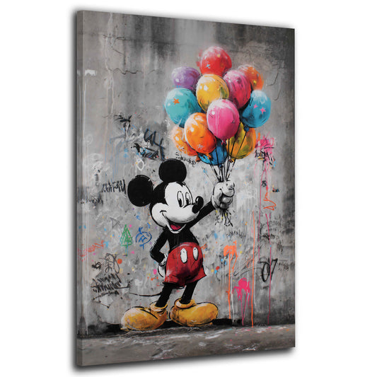 Street art topolina con palloncini vivaci e muro grigio quadro