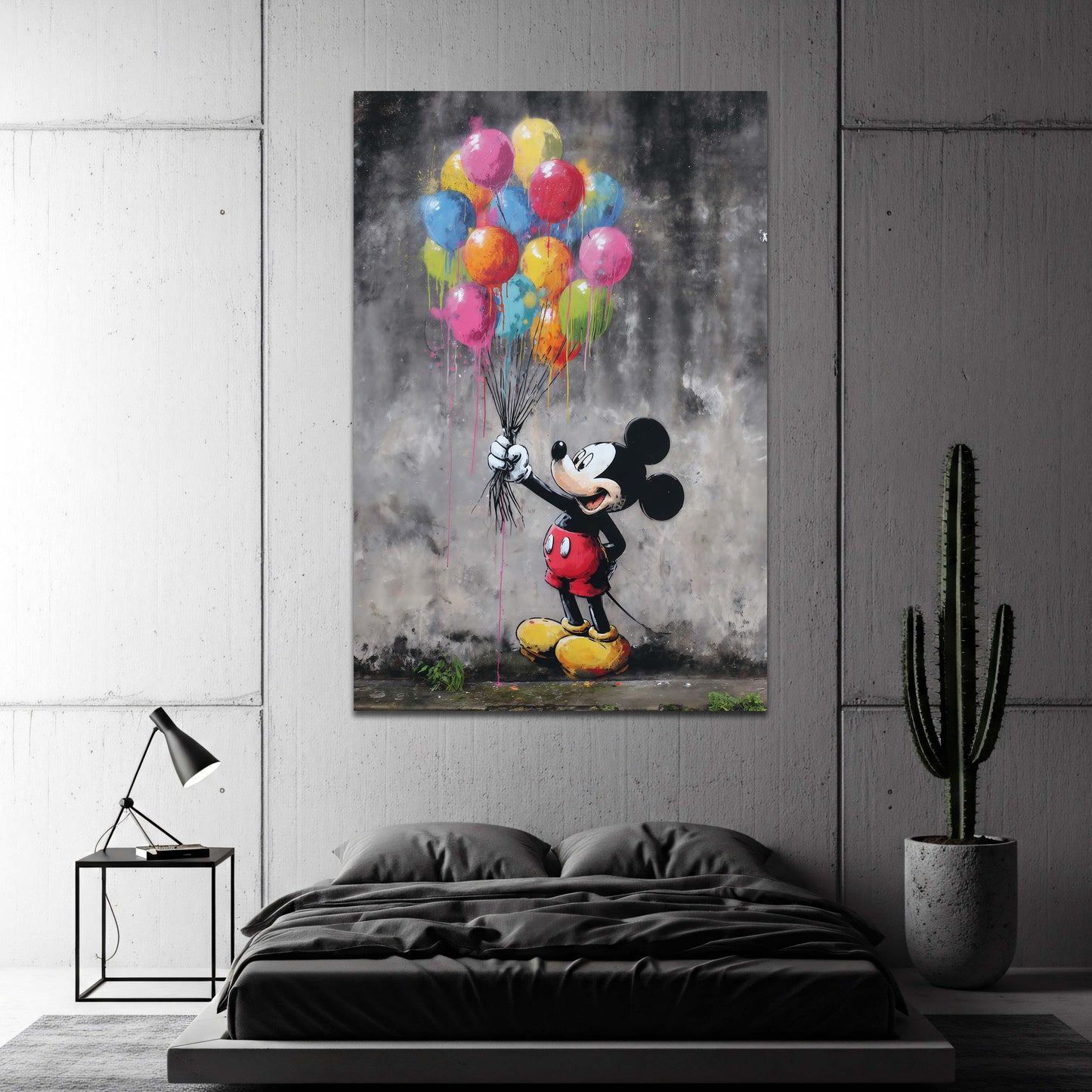 Street art topolino palloncini colorati muro grigio quadro