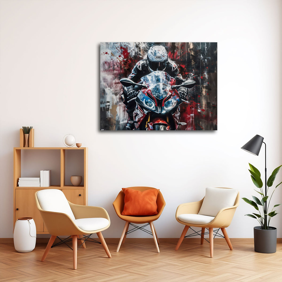 Superbike BMW con pilota in rosso e bianco Street Art quadro