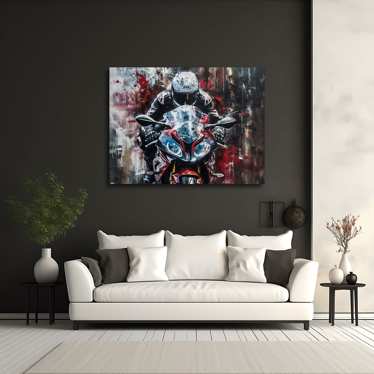 Superbike BMW con pilota in rosso e bianco Street Art quadro