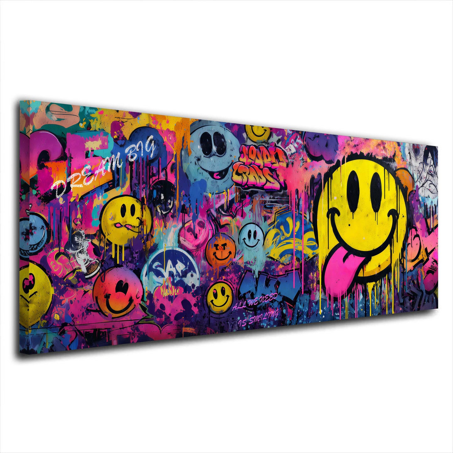 Tante faccine colorate su muro graffiti vivace panoramica quadro