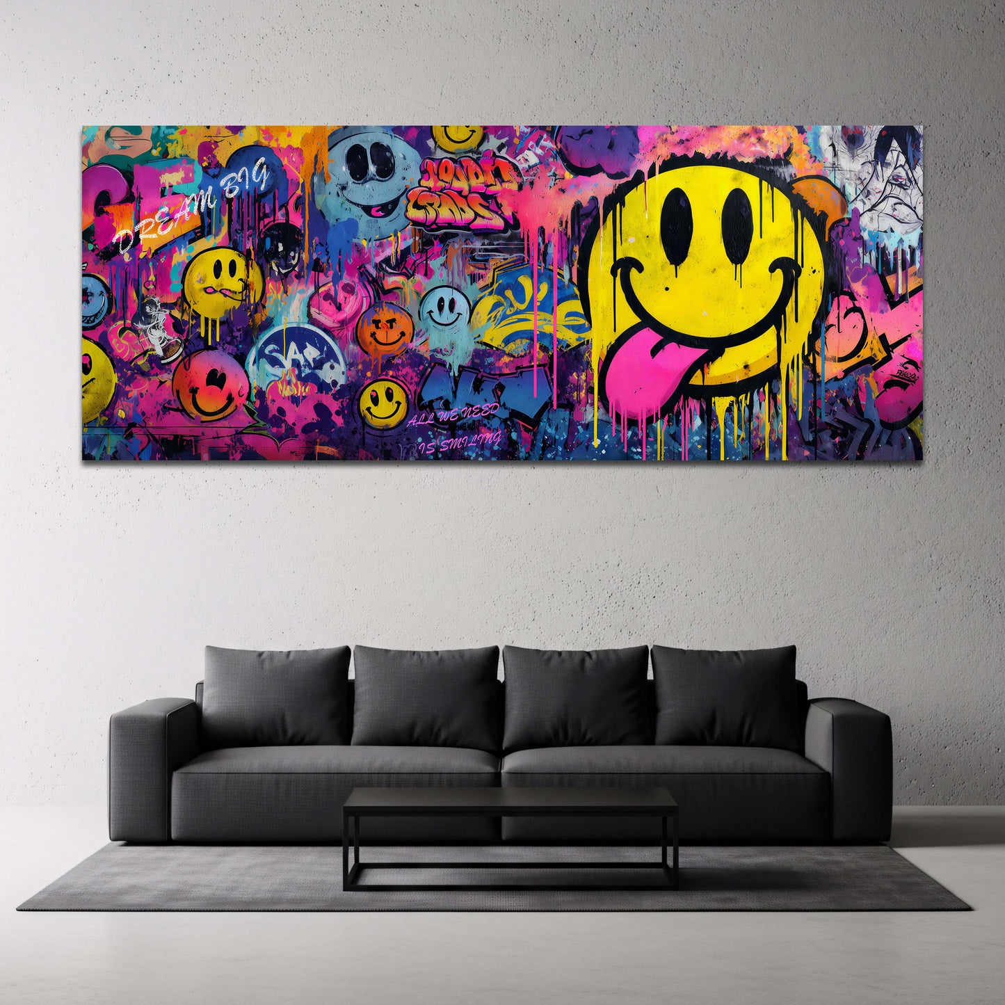 Tante faccine colorate su muro graffiti vivace panoramica quadro
