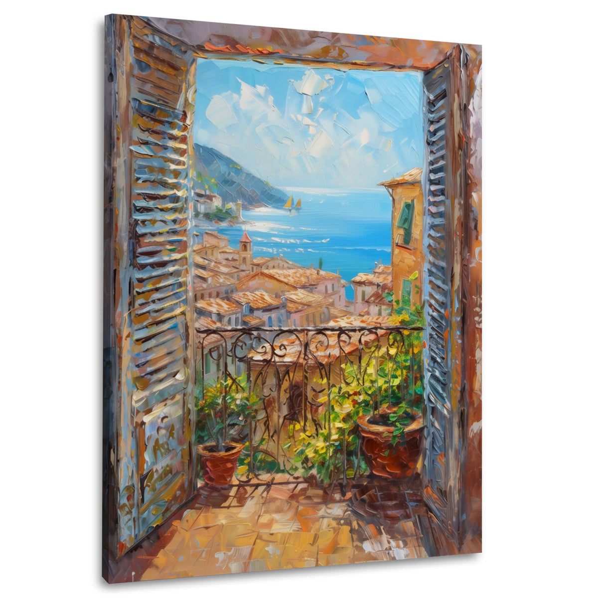 Terrazza con vasi di fiori e vista sul mare quadro
