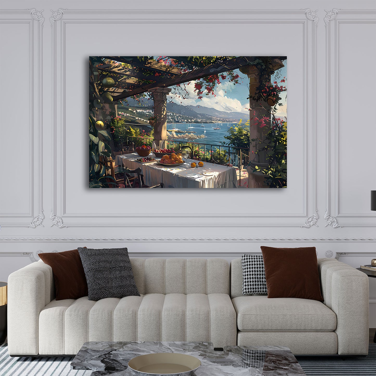 Terrazza italiana con frutta vista mare romantica quadro