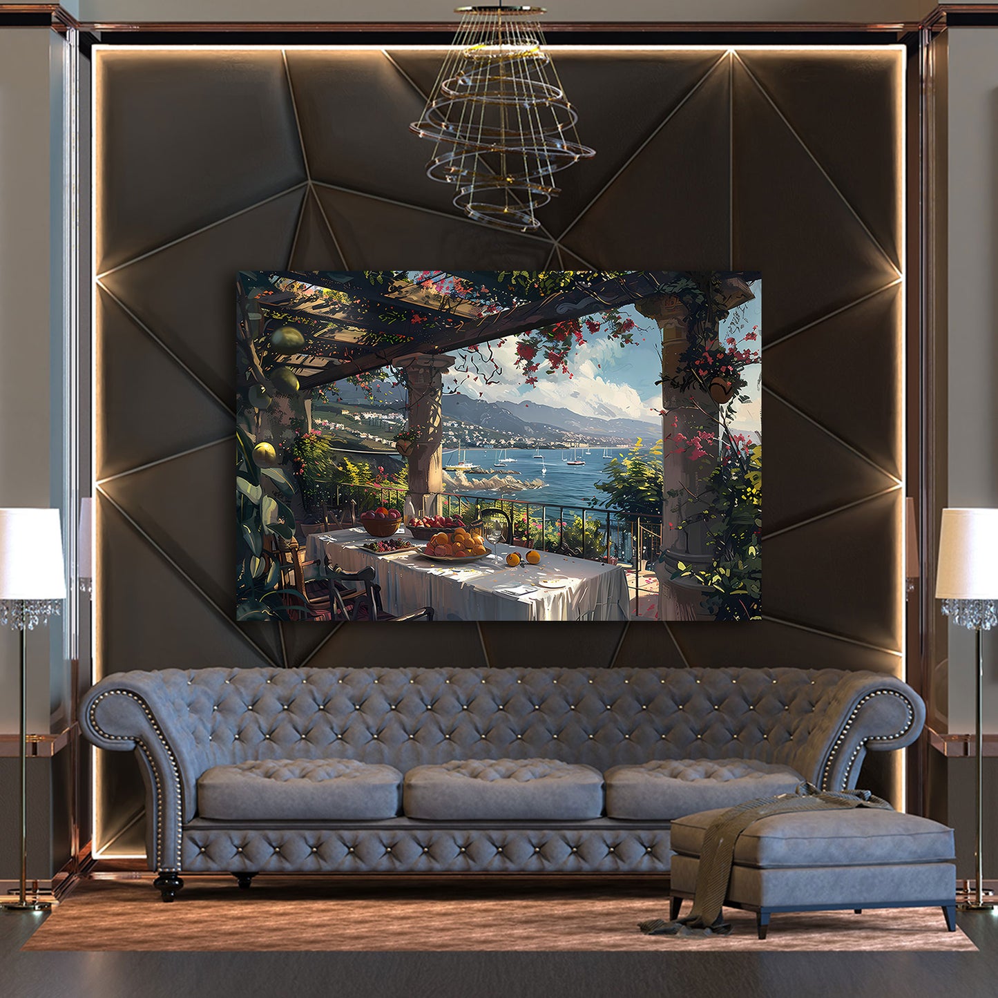 Terrazza italiana con frutta vista mare romantica quadro