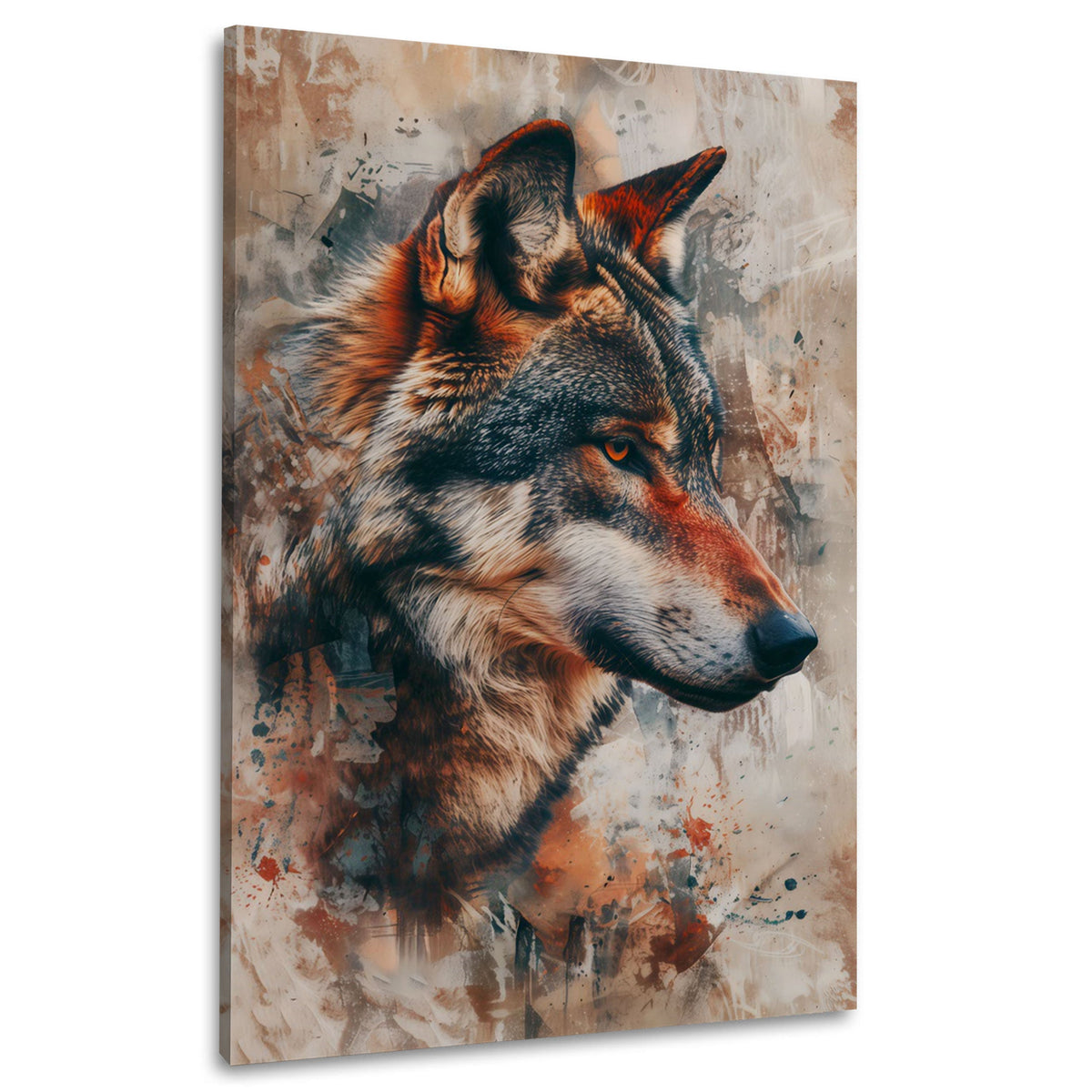 Testa di lupo in marrone e beige con tracce astratte quadro