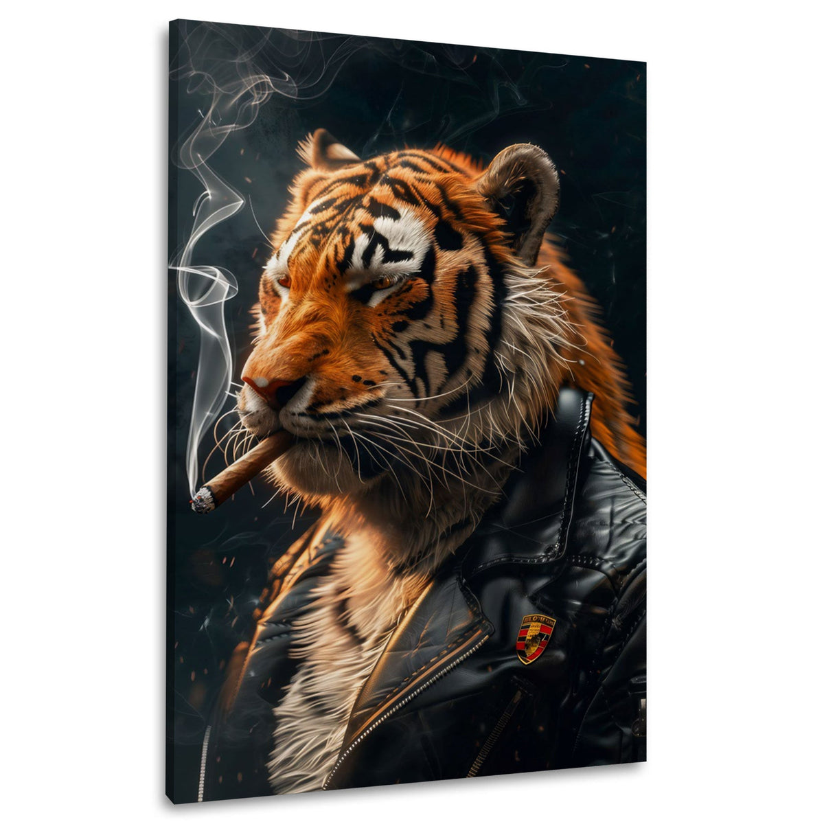 Tigre cool con giacca di pelle nera e fumo in ritratto quadro