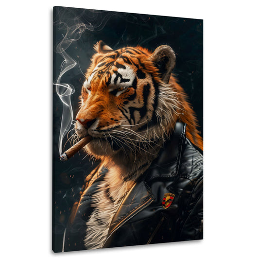 Tigre cool con giacca di pelle nera e fumo in ritratto quadro