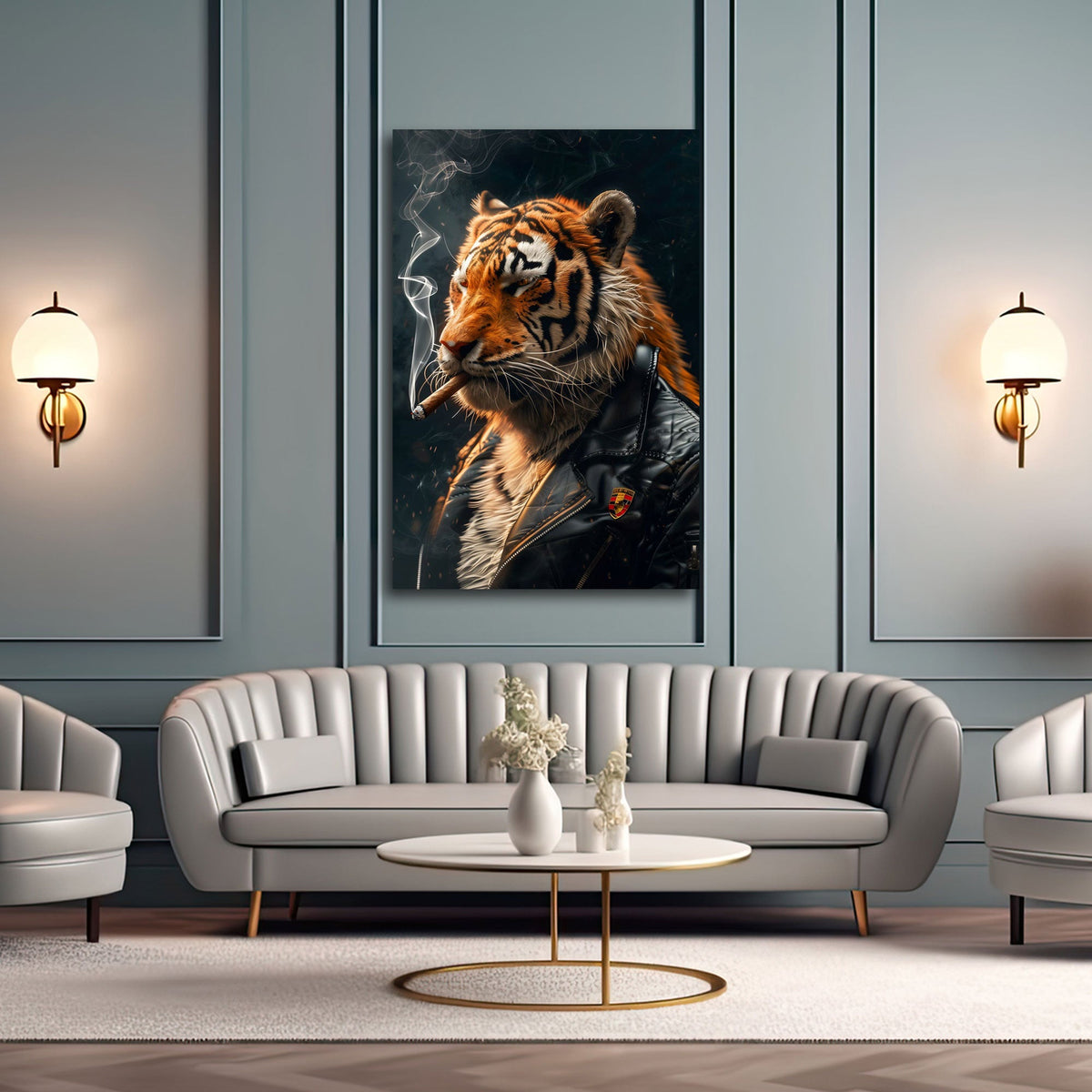 Tigre cool con giacca di pelle nera e fumo in ritratto quadro