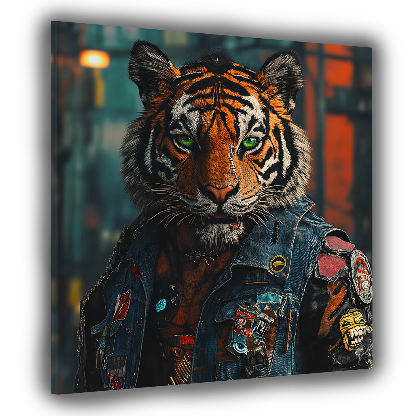Tigre cyberpunk sguardo intenso giacca ribelle quadro
