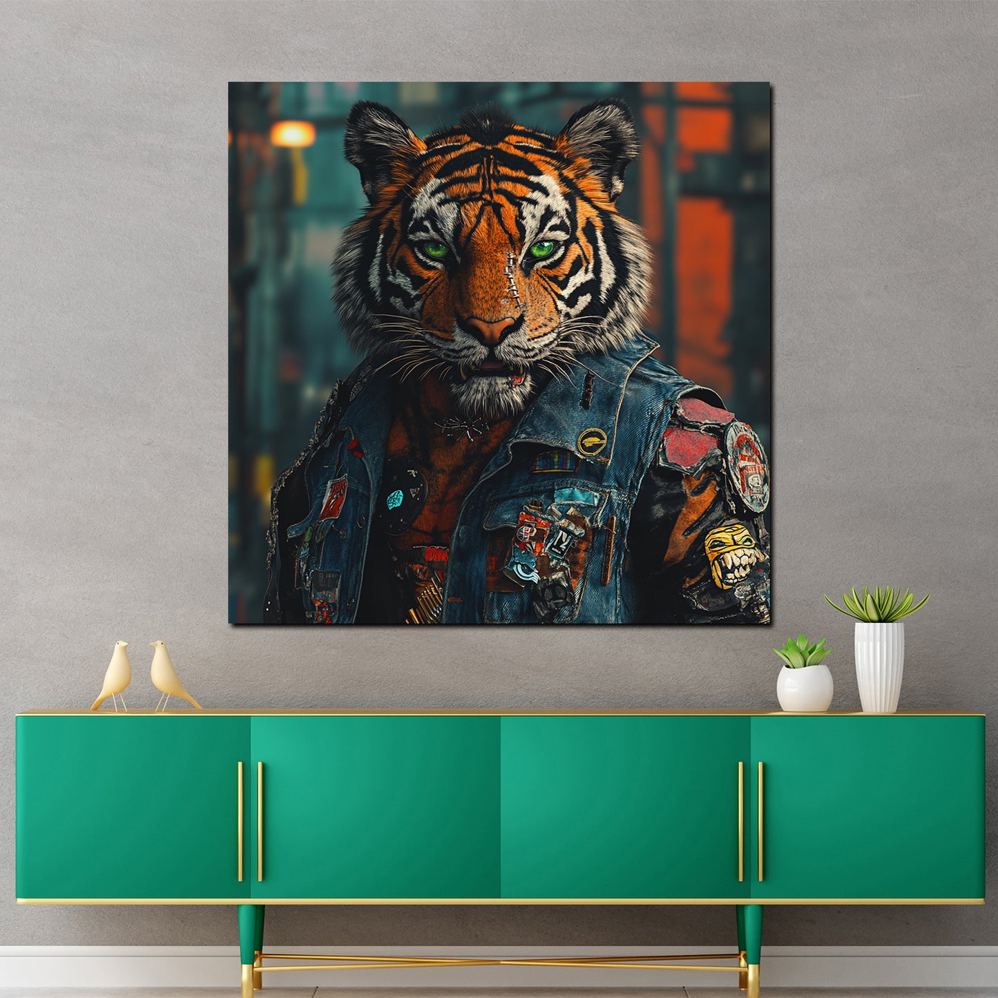 Tigre cyberpunk sguardo intenso giacca ribelle quadro