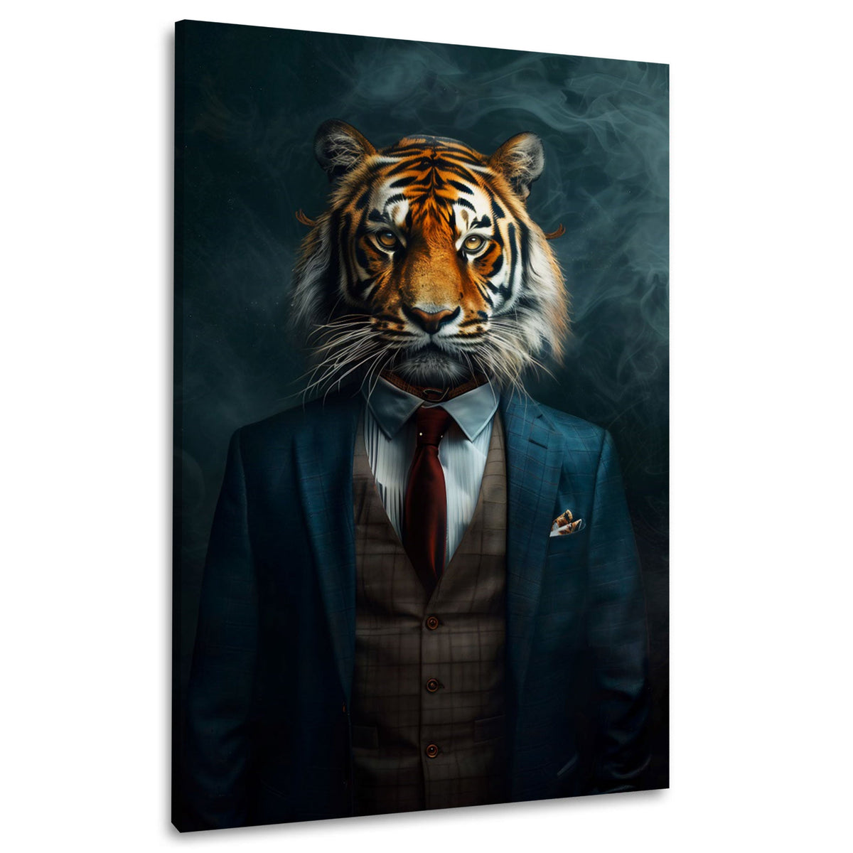 Tigre in abito elegante con cravatta su sfondo scuro quadro