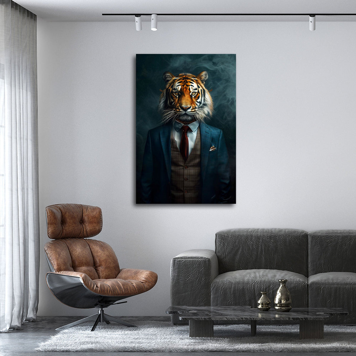 Tigre in abito elegante con cravatta su sfondo scuro quadro